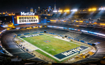 纽约MetLife体育场夜景 - 灯光璀璨的巨型橄榄球场，准备改造为足球场